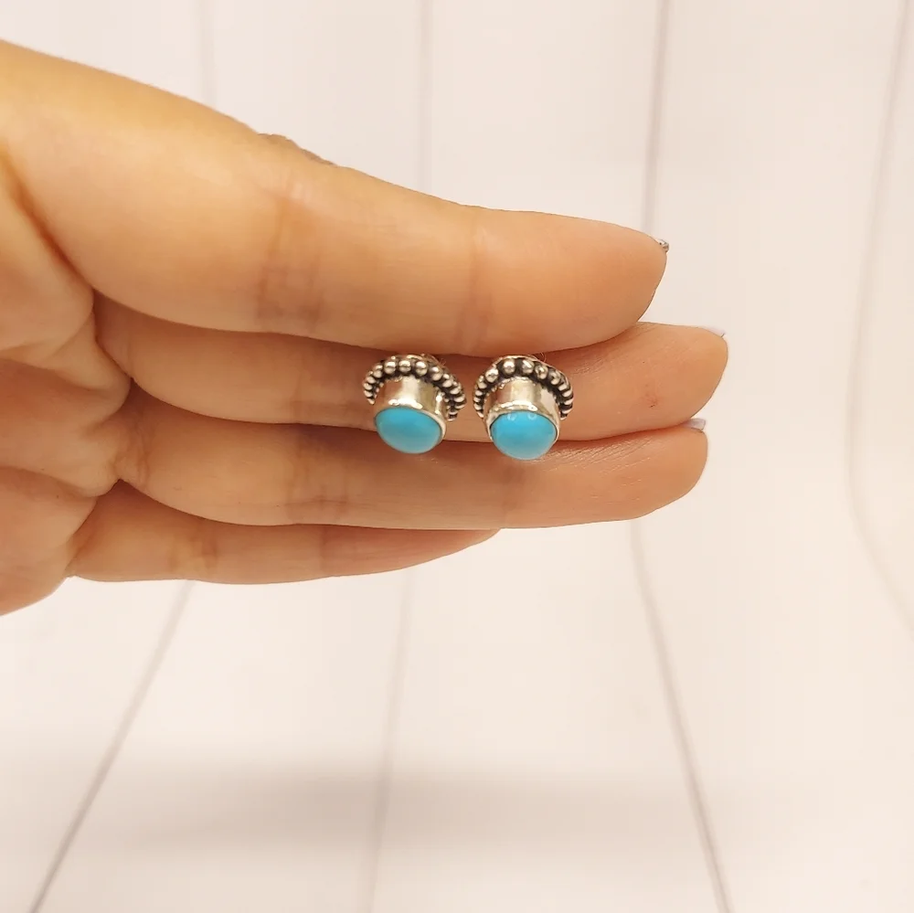 Natural Turquoise Stud Earrings - Picture 2 of 7